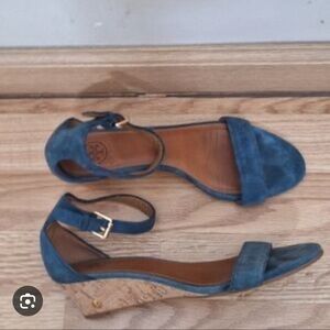 Tory Burch Navy Suede Cork Wedge Sandals